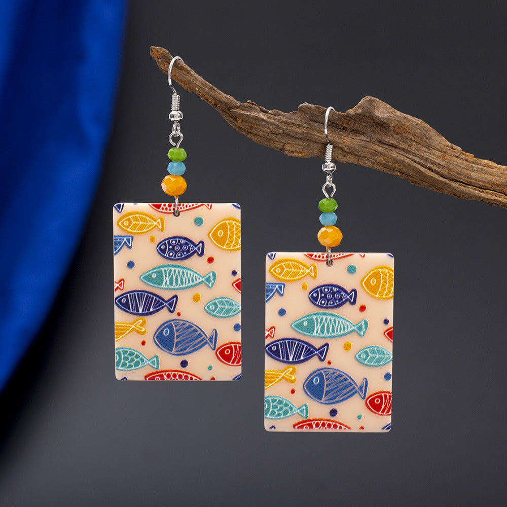 Fashionable Square 3D Printed Acrylic Multi-Color Fish Earrings For Women