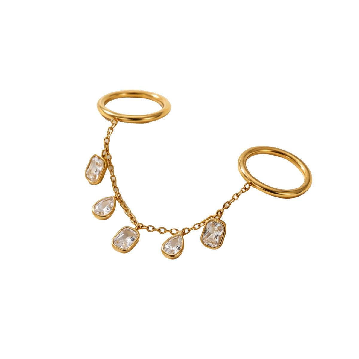 Women 5 Teardrop CZ Hand Harness, Thin O Chain Slave Finger Bracelet Gold Rhodium Two Tone Plated Boho Beach Festival Vacation Jewelry Gift