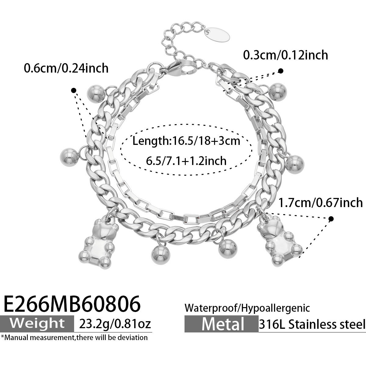 Double Layer Bear Charm Bracelet Stainless Steel Fashion Women Hand Jewelry For Daily Dating Banquet Party Occasions