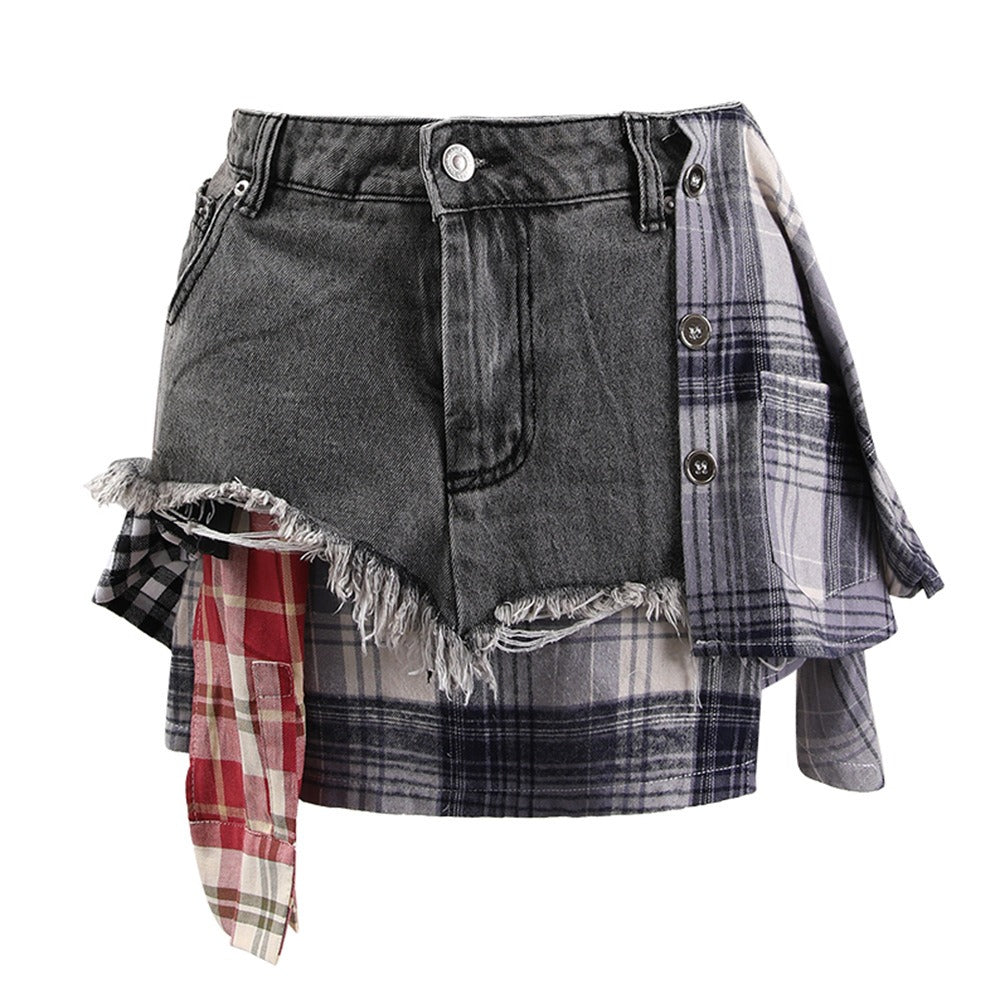 Women's Harajuku Irregular Plaid Denim Patchwork Mini Skirt - Image 2