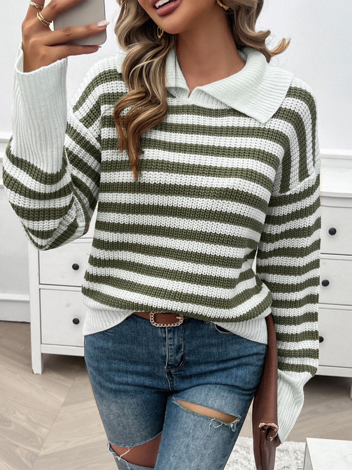 Women's Collared Striped Knit Sweater in Brown and White - Image 20