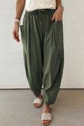 Jungle Green Drawstring Barrel Leg Casual Pants