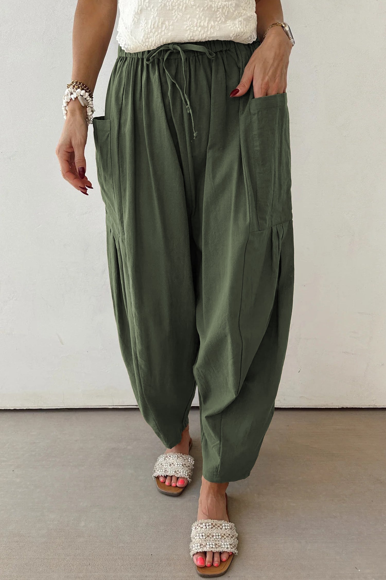 Jungle Green Drawstring Barrel Leg Casual Pants