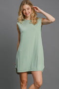 Sage green sleeveless mini dress with high-low curved hemline, minimalist style