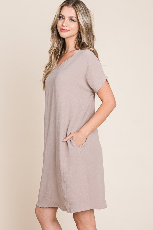 Taupe V-Neck Short Sleeve Dress with Functional Pockets