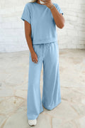 Mist Blue Loose Tee & Wide Leg Drawstring Pants 2pc Set