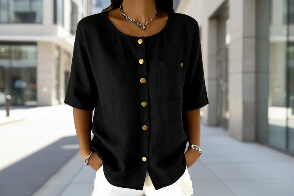 Crew Neck 3/4 Sleeve Blouse with Metal Buttons - Image 2