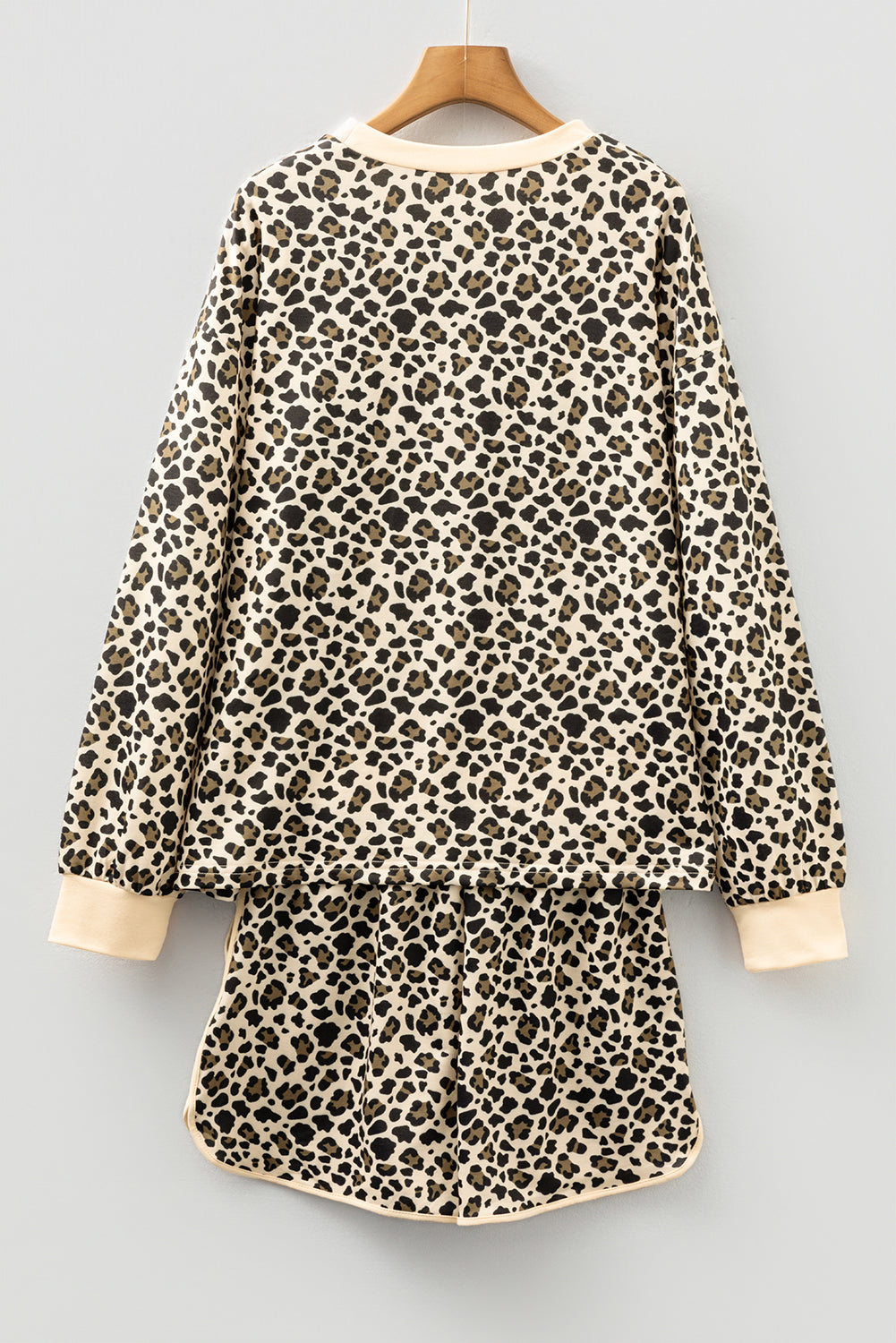 Leopard Contrast Trim Pullover and Drawstring Shorts Set