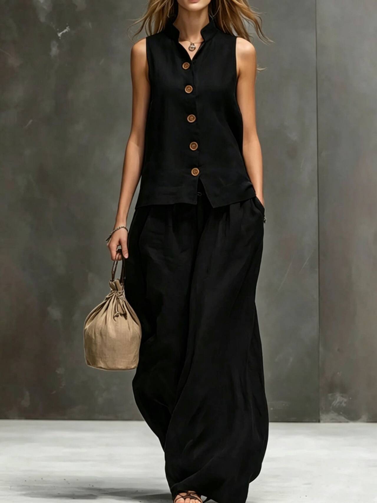 Sleeveless Vest & Wide-Leg Pants Two-Piece Cotton Linen Set