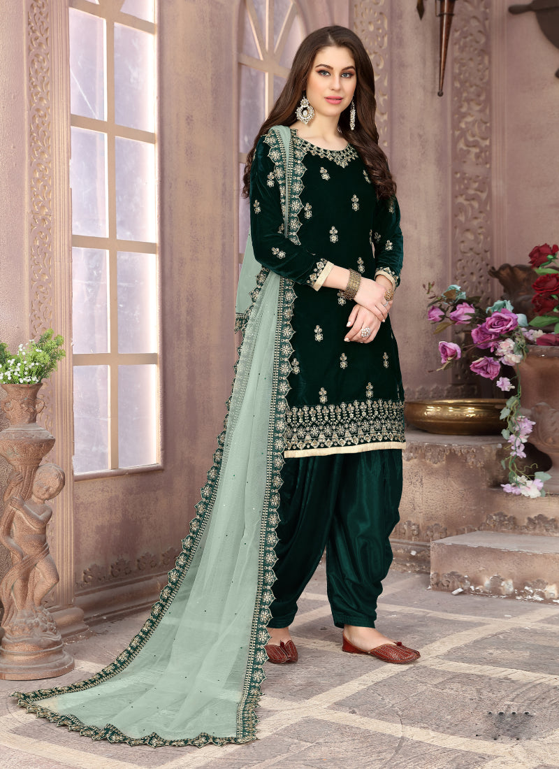 Monjolika Fashion Stunning Dark Green Color Velvet Embroidery Patiala Suit