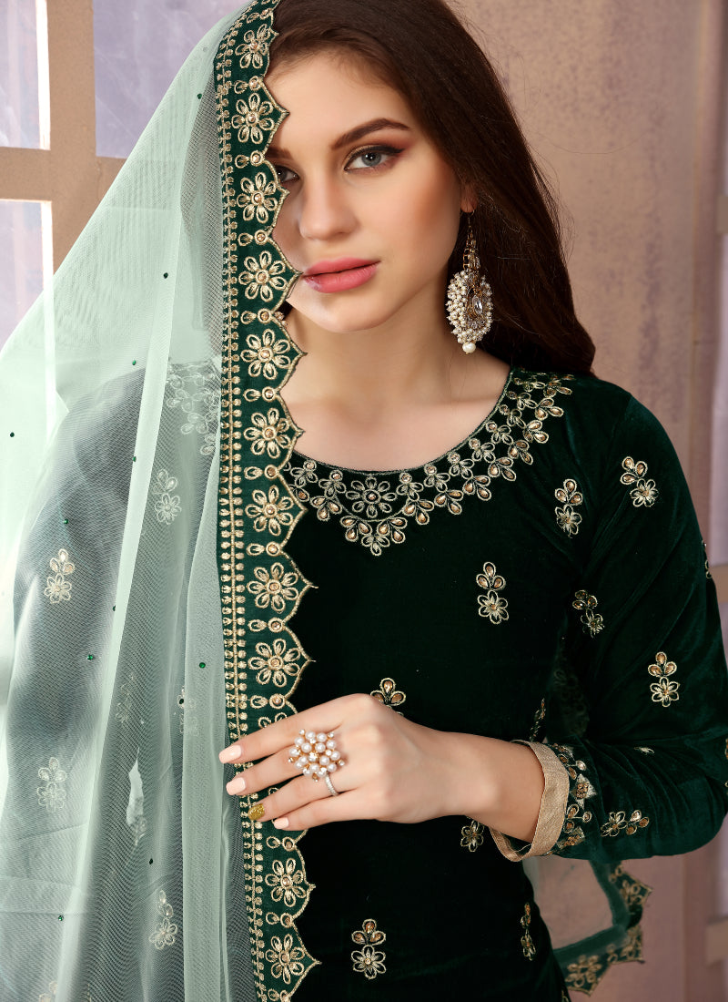 Monjolika Fashion Stunning Dark Green Color Velvet Embroidery Patiala Suit