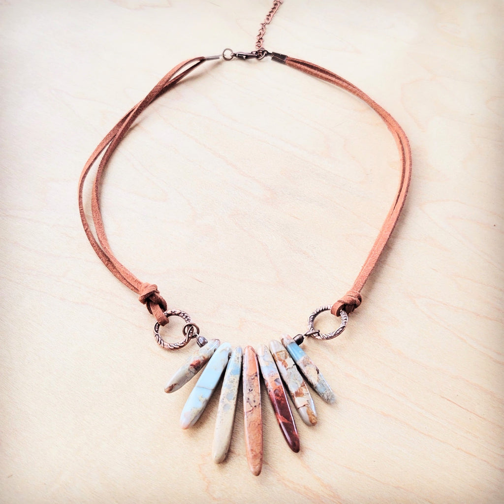 Aqua Terra Jasper stone slab fan necklace on a brown vegan leather cord with copper-tone accents