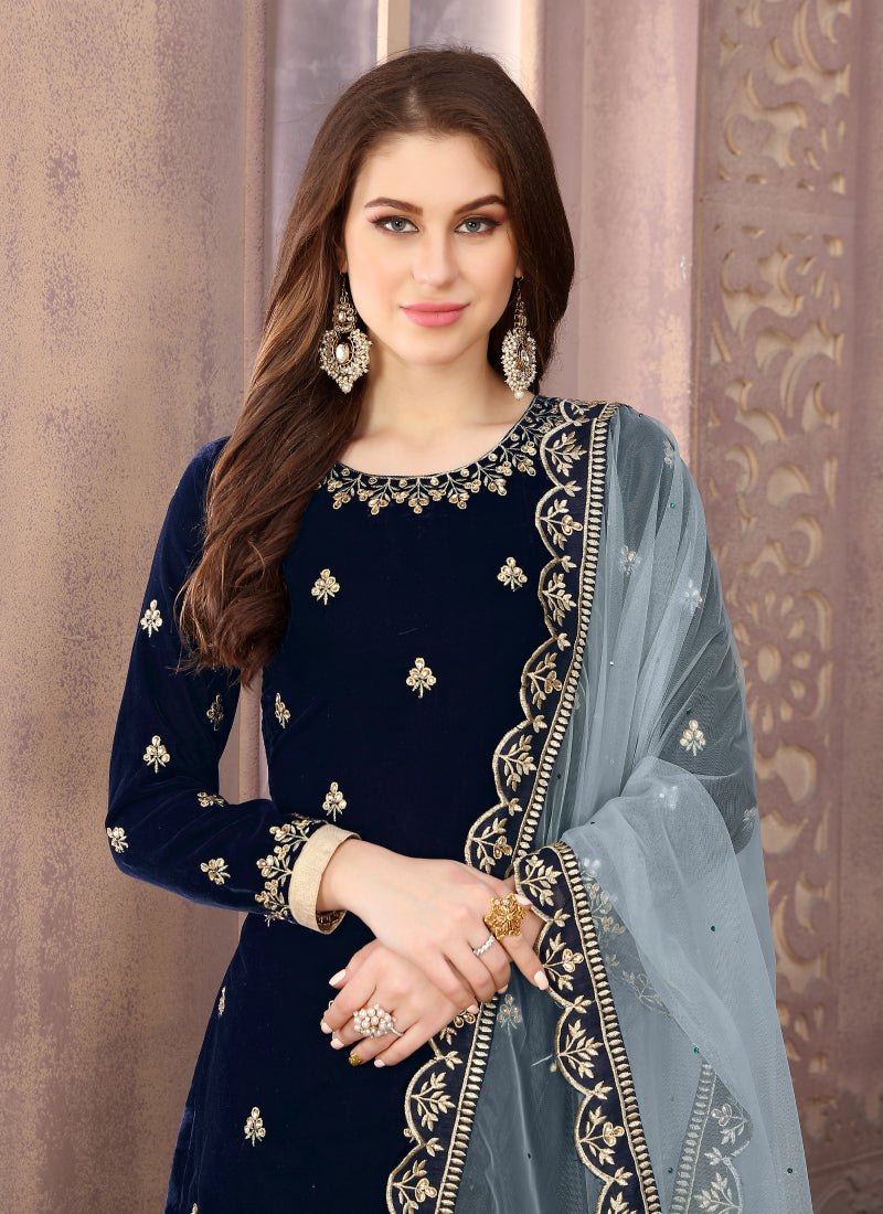 Dark Blue Velvet Patiala Suit with Intricate Embroidery