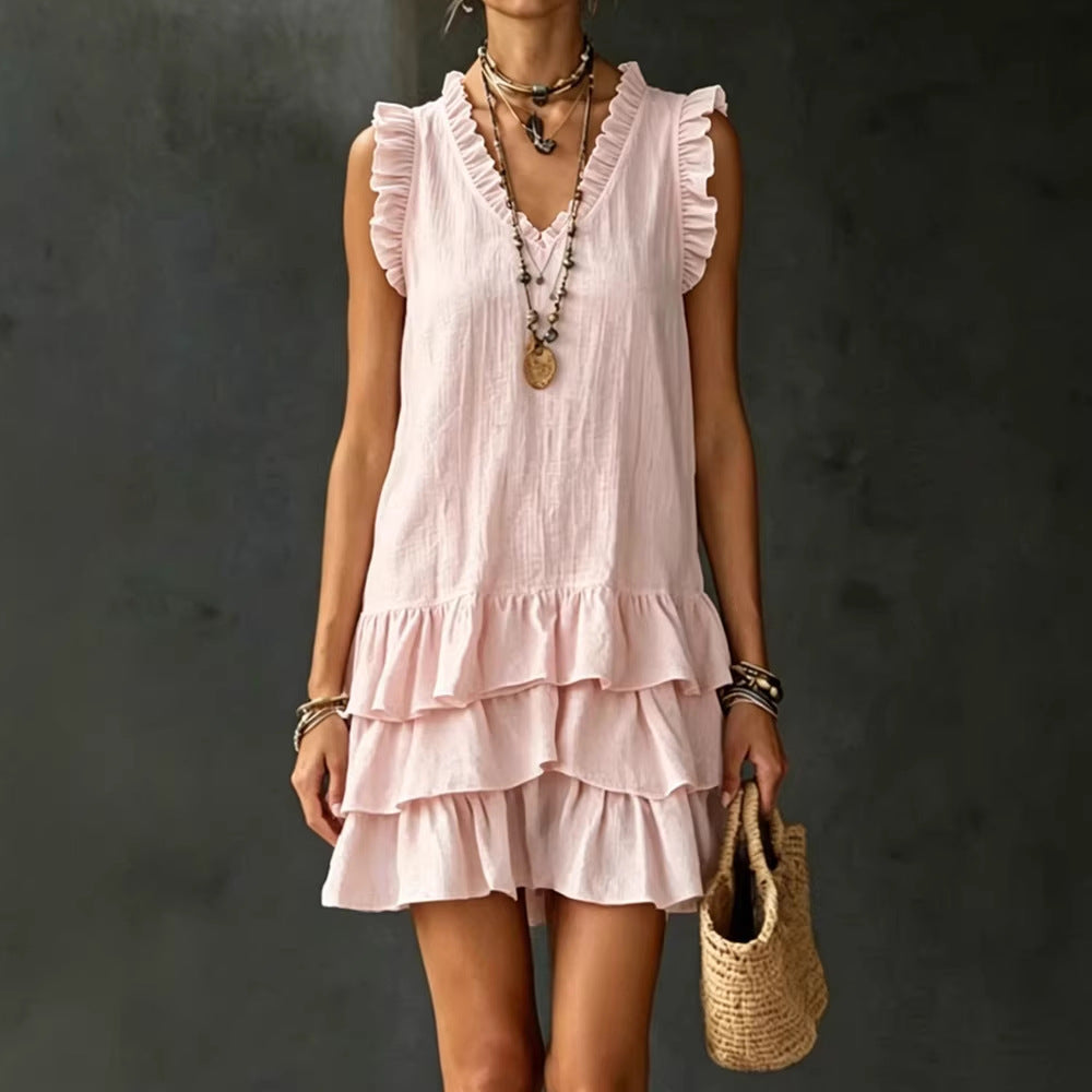 V-Neck Ruffle-Trim Sleeveless Tiered Mini Dress - Image 4