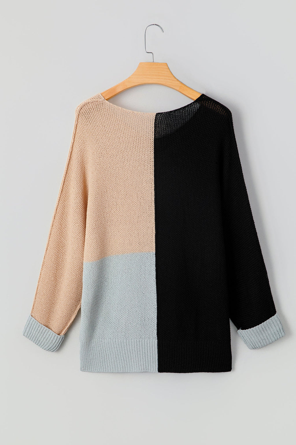 Zayla Color Block Knit Loose Sweater with V-Neck and Side Slits