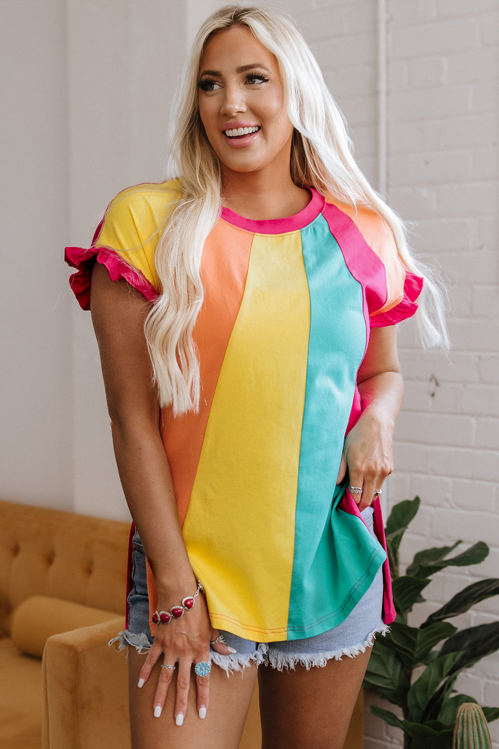 Rose Red Color Block Ruffled Crew Neck Loose Fit T-Shirt