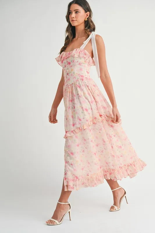 Floral Printed Shoulder Strap Midi Dress in Chiffon