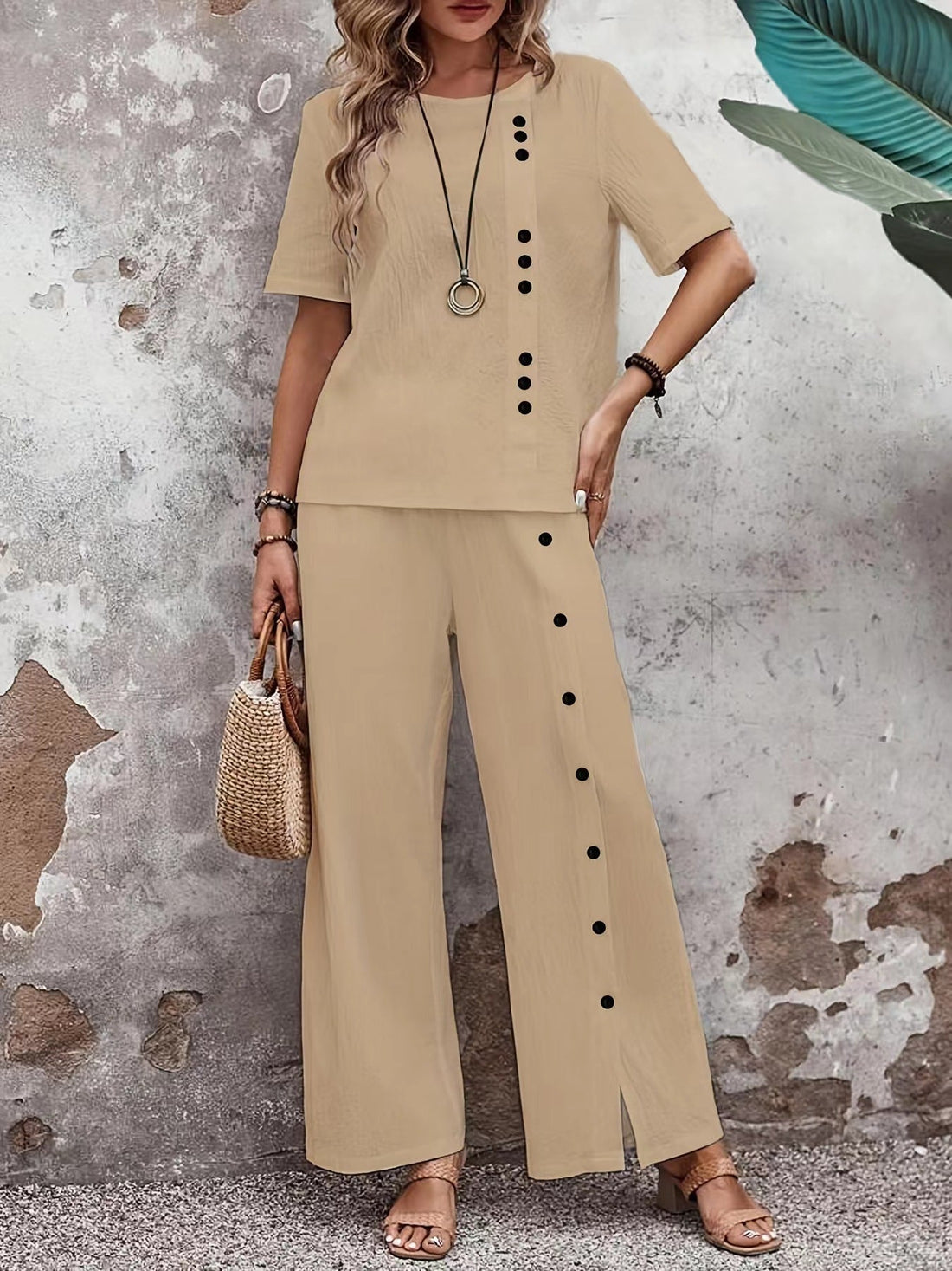 Women's Two-Piece Button-Detail Linen Blend Matching Set - Image 6