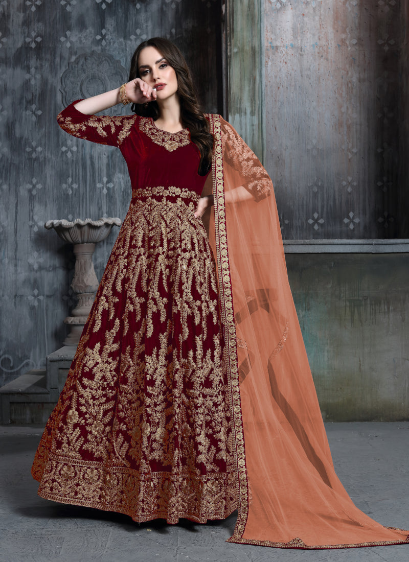 Maroon velvet festive Patiala suit with detailed embroidery