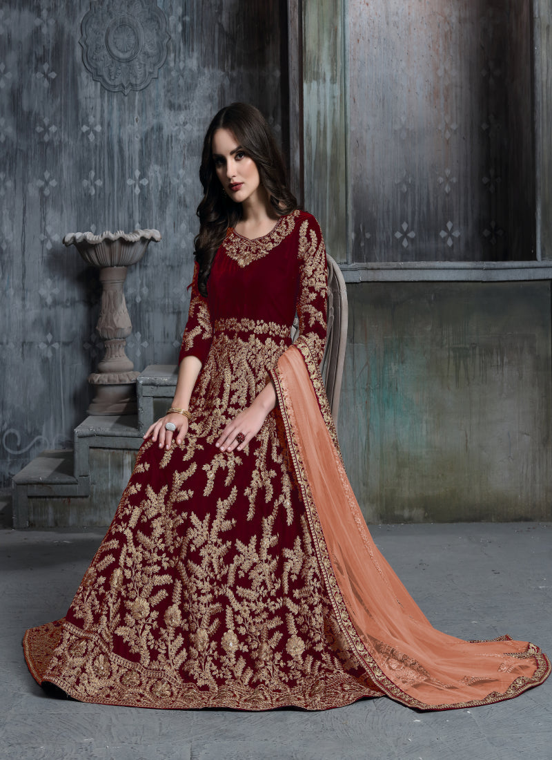 Maroon Velvet Embroidered Patiala Suit for Festive Events