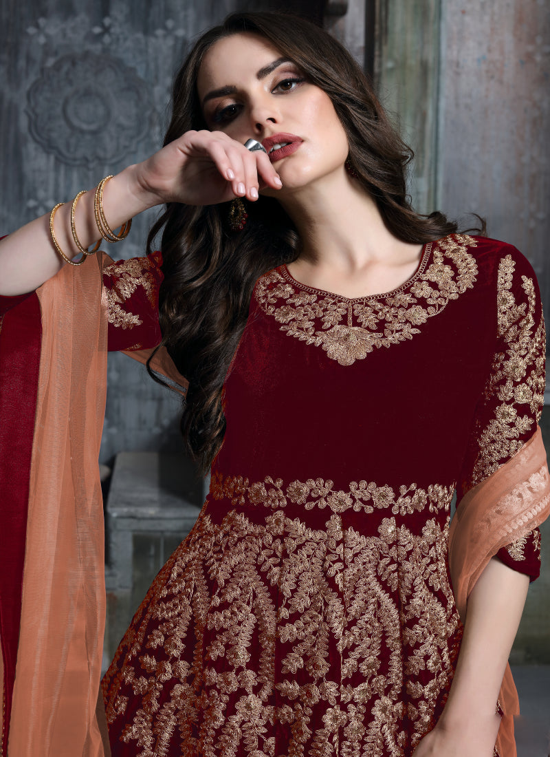 Maroon Velvet Embroidered Patiala Suit for Festive Events