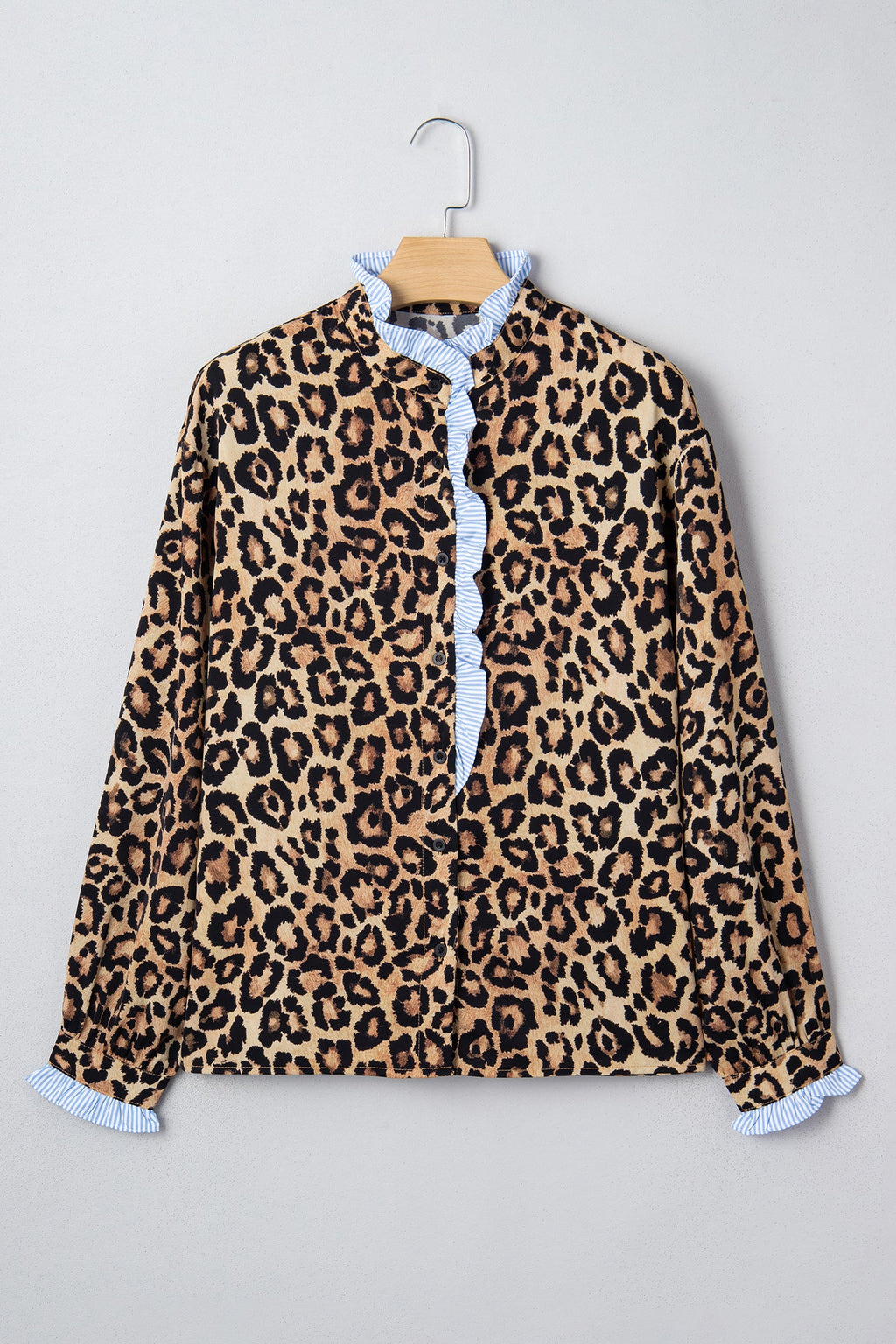 Leopard Frilled Stripe Trim Long Sleeve Shirt