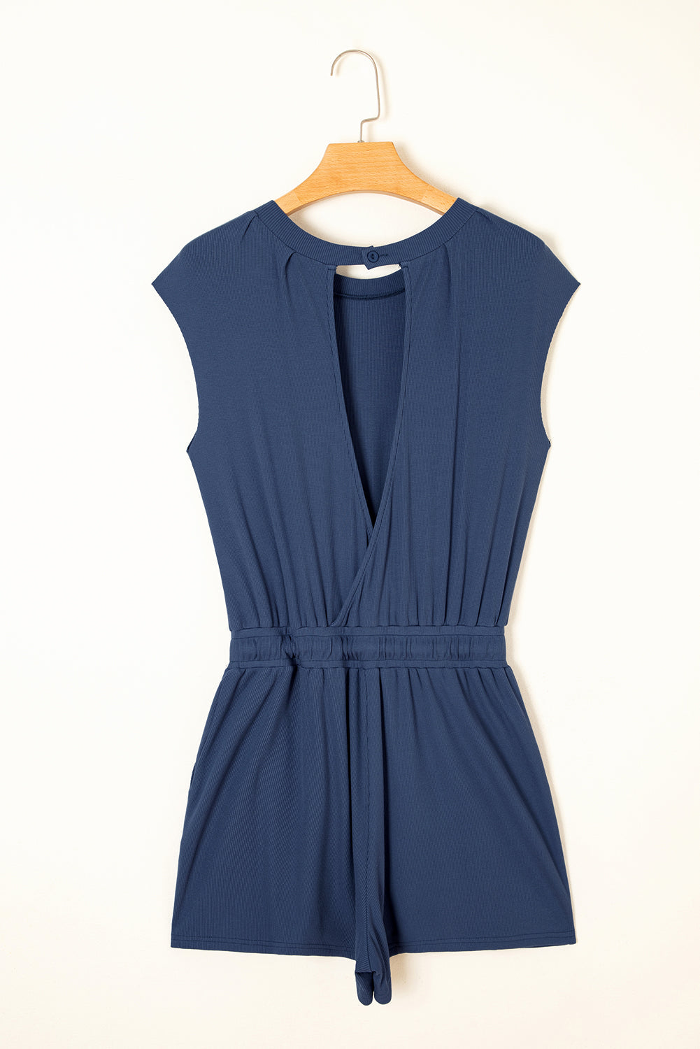 Ashleigh Blue Knit Open Back Cap Sleeve Drawstring Romper