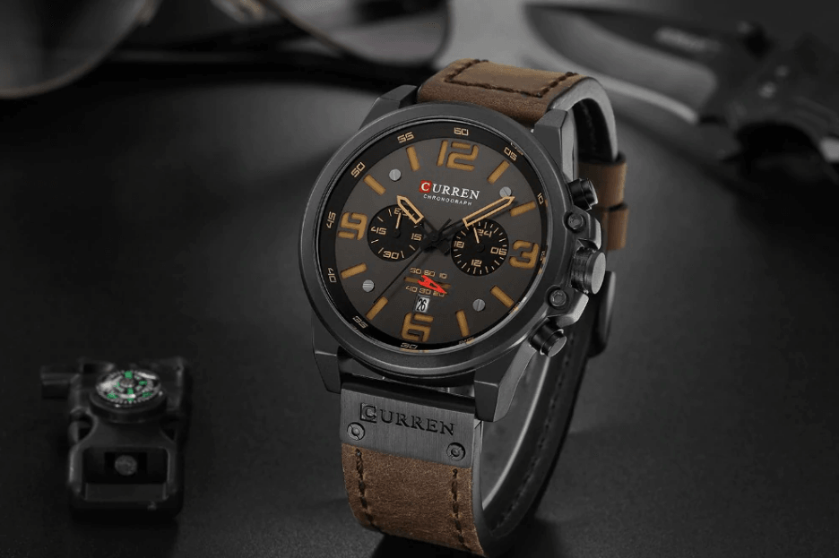 Retro Waterproof Chronograph Watch with Leather Strap & Steel Case