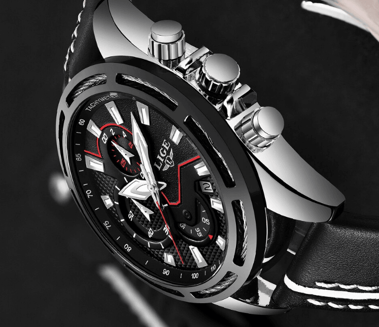 Men's Waterproof Sports Chronograph Watch with Leather Strap