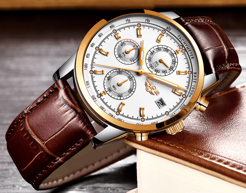 Waterproof Men's Quartz Watch with Chronometers and Brown Strap