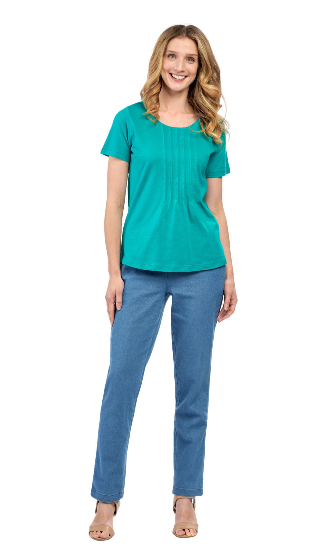 Women's Short Sleeve Pintuck Scoop Neck 100% Cotton Knit T-Shirt - additional view 9