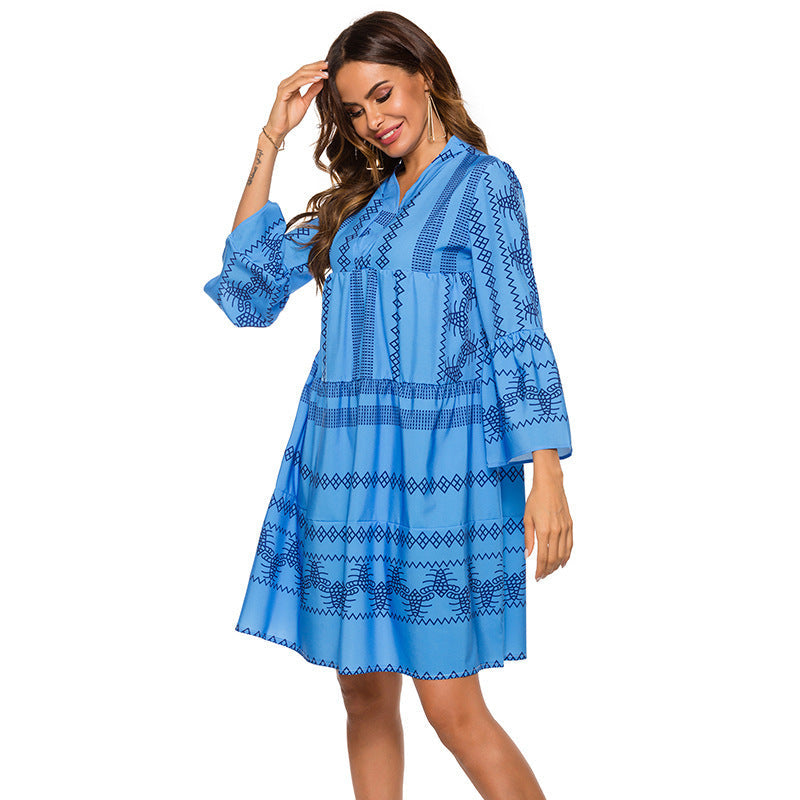 Bohemian Geometric Print Flare Sleeve Mid Dress