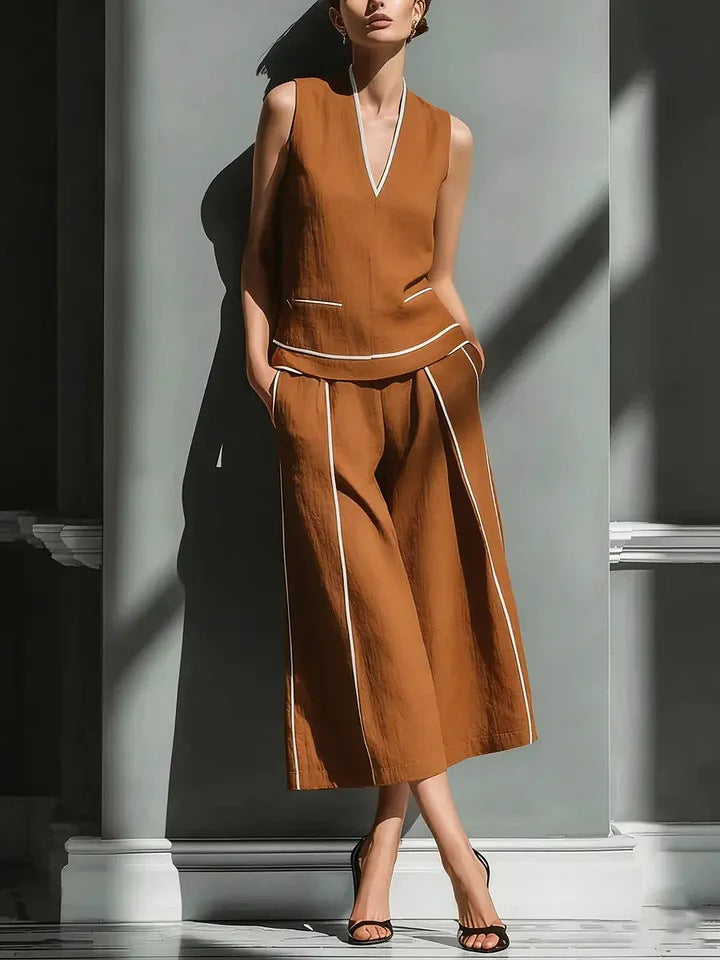 Women's Sleeveless Linen V-Neck Top and Cropped Pants Set