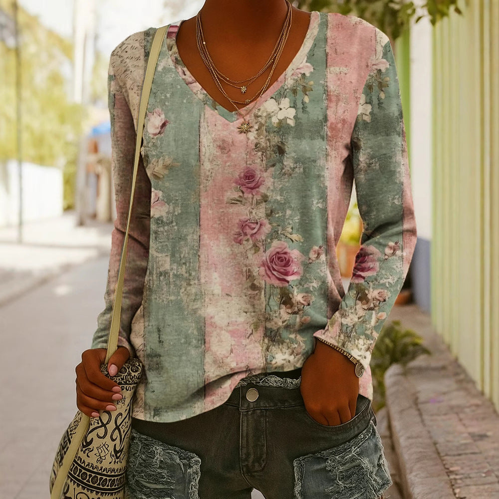 Women's Ethnic Print V-Neck Long-Sleeve Pullover Top - Image 2