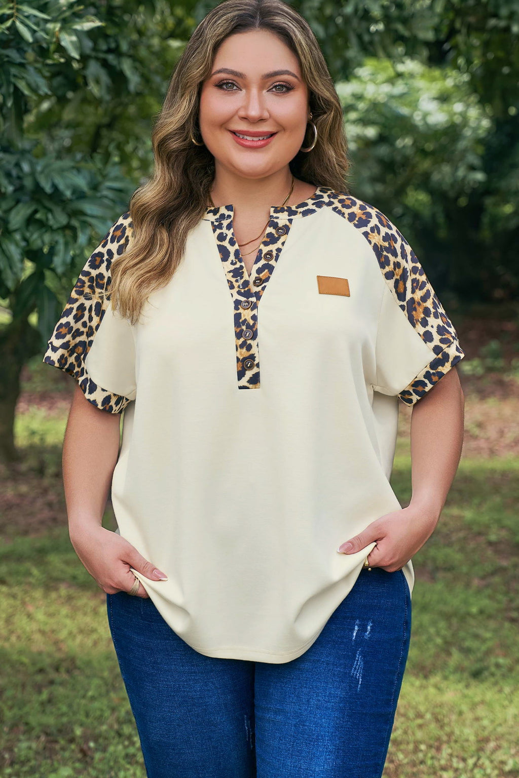Contrast Patchwork Polo Tee in Leopard Print and Beige