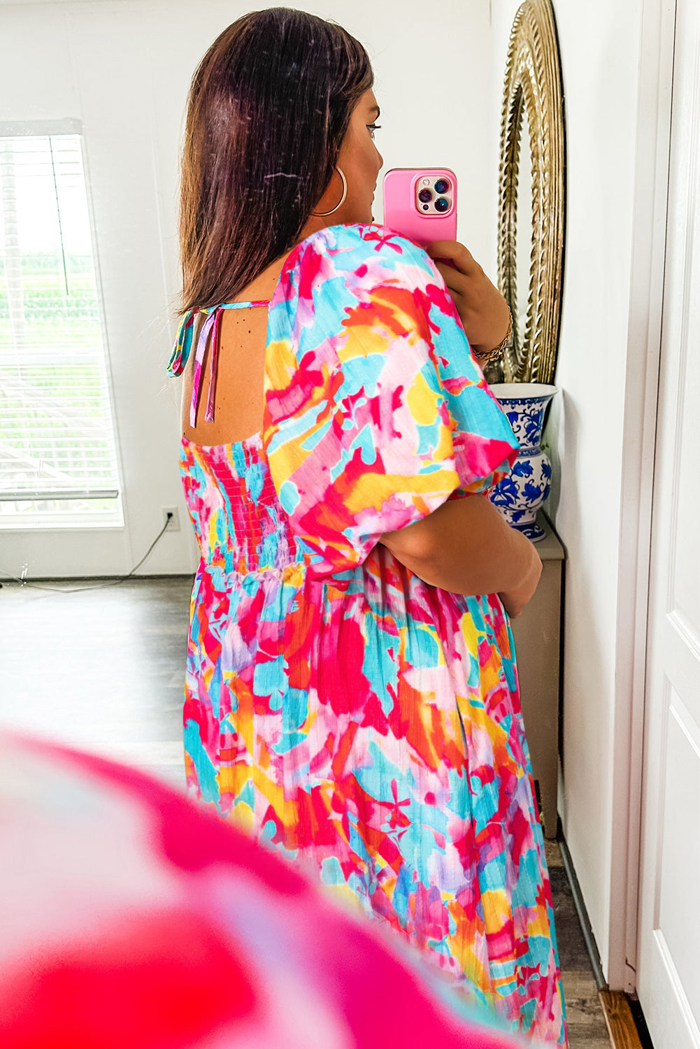 Rose Abstract Printed Puff Sleeve Square Neck Smocked Dress