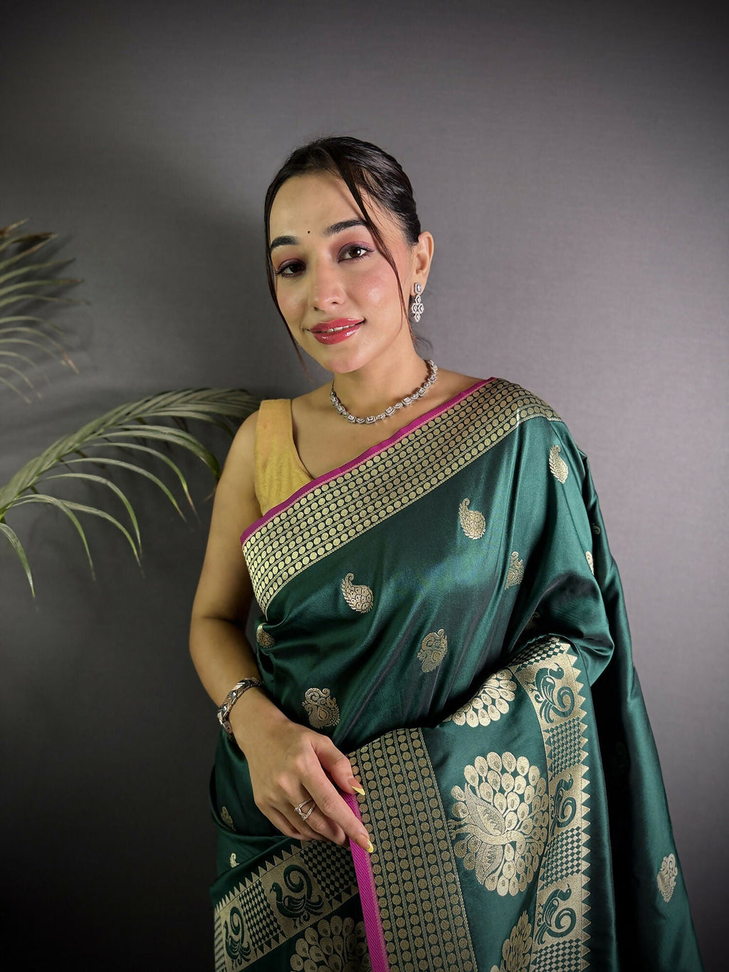 Dark Green Banarasi Soft Lichi Silk Paisley Saree