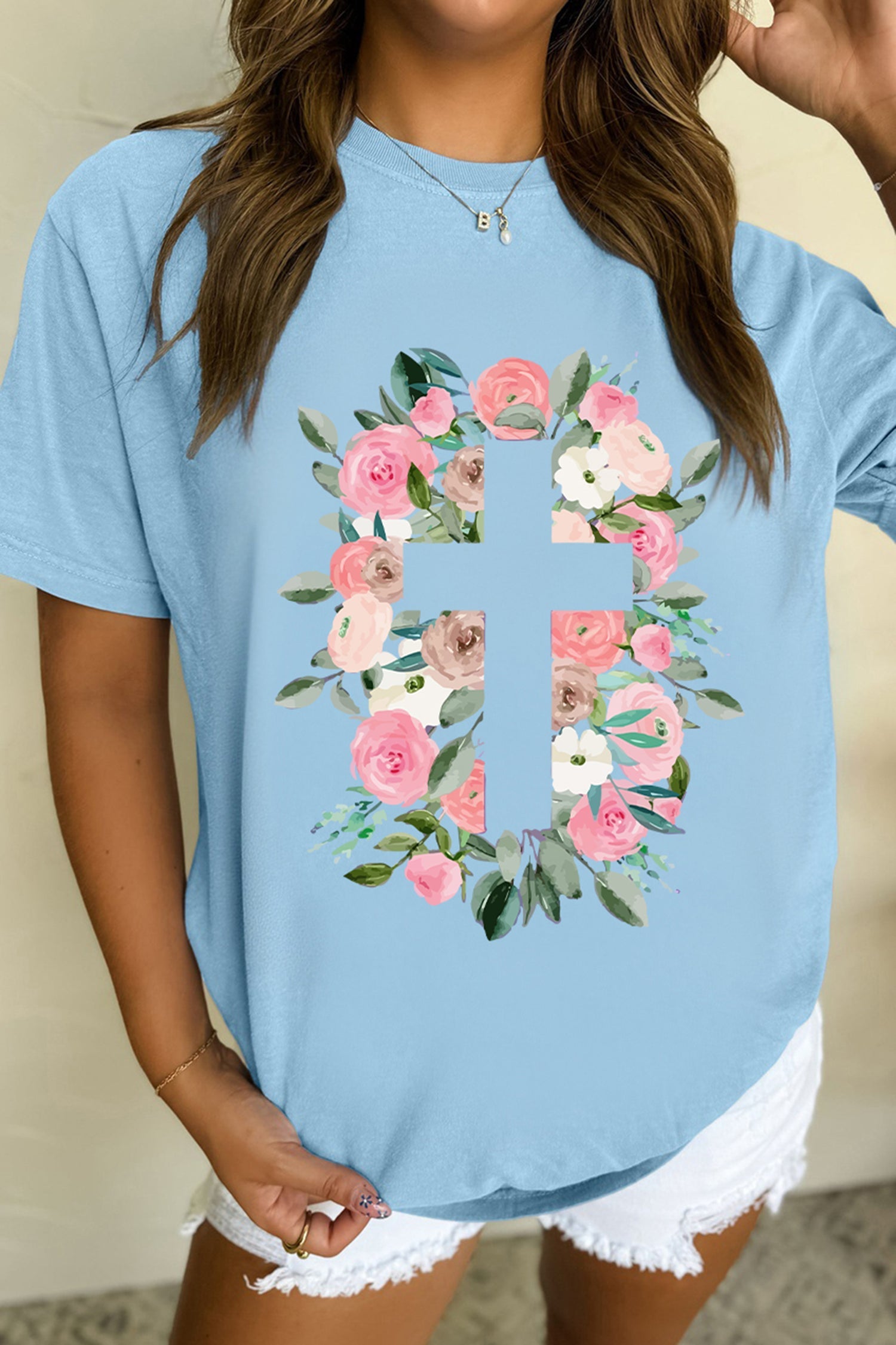 Light Blue Floral Printed Faith Easter Graphic Tee