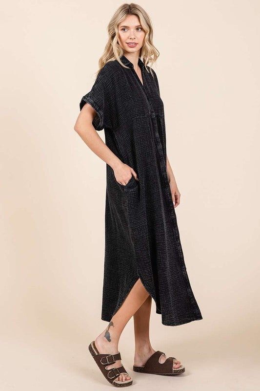 Mineral Wash V Neck Button Up Midi Shirt Dress