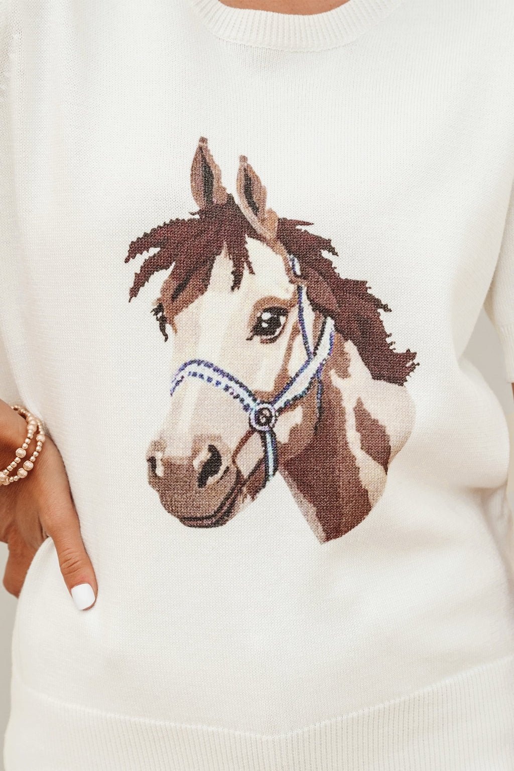 Regina Horse Graphic Short Sleeve Knit Sweater - Preppy Crew Neck