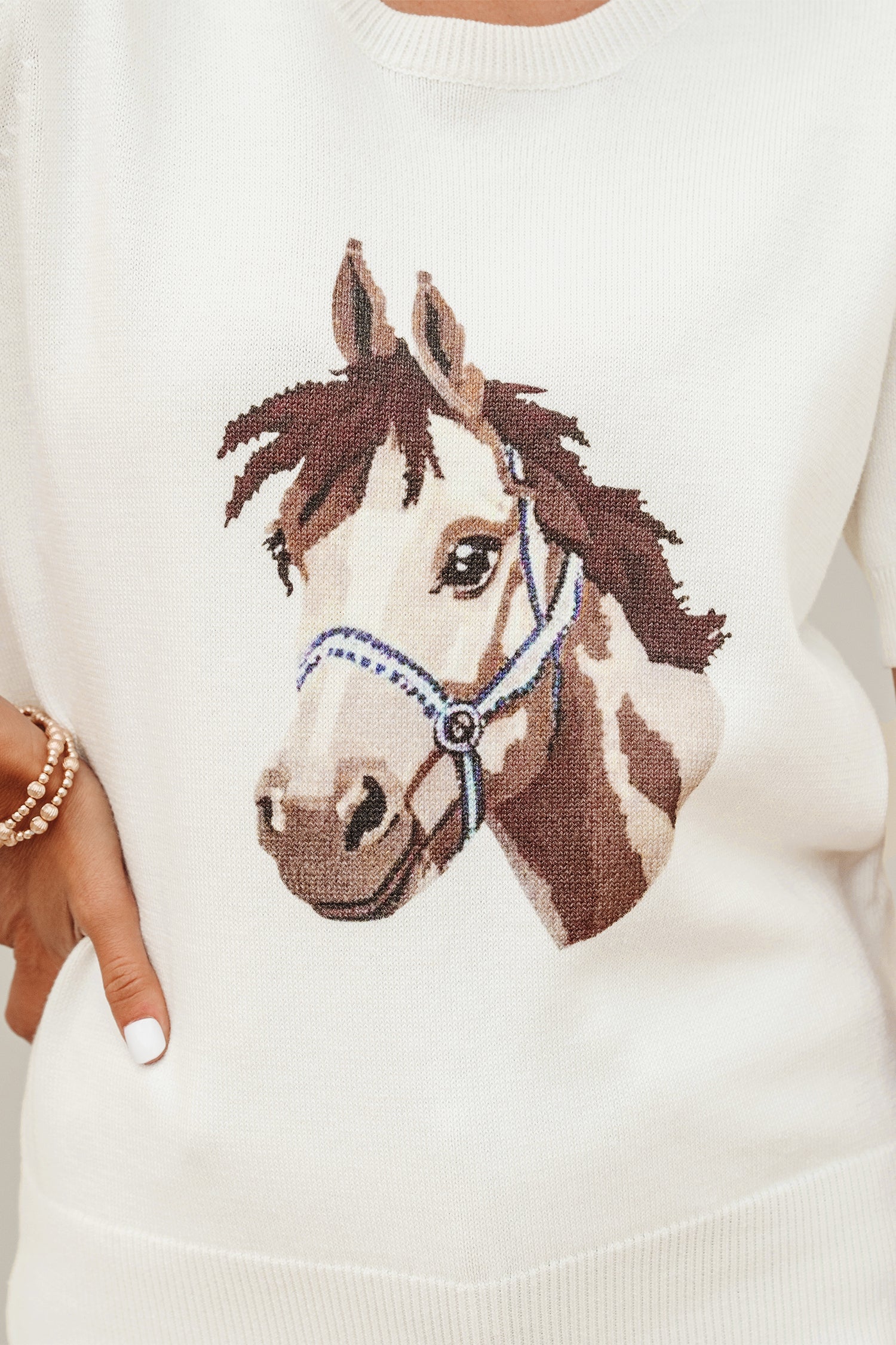 Regina Horse Graphic Short Sleeve Knit Sweater - Preppy Crew Neck