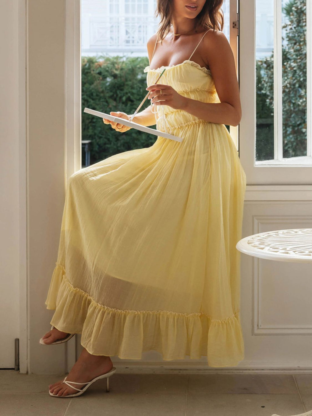 Girls Vintage Ruffled Hem Midi Dress with Tied and Ruched Detail