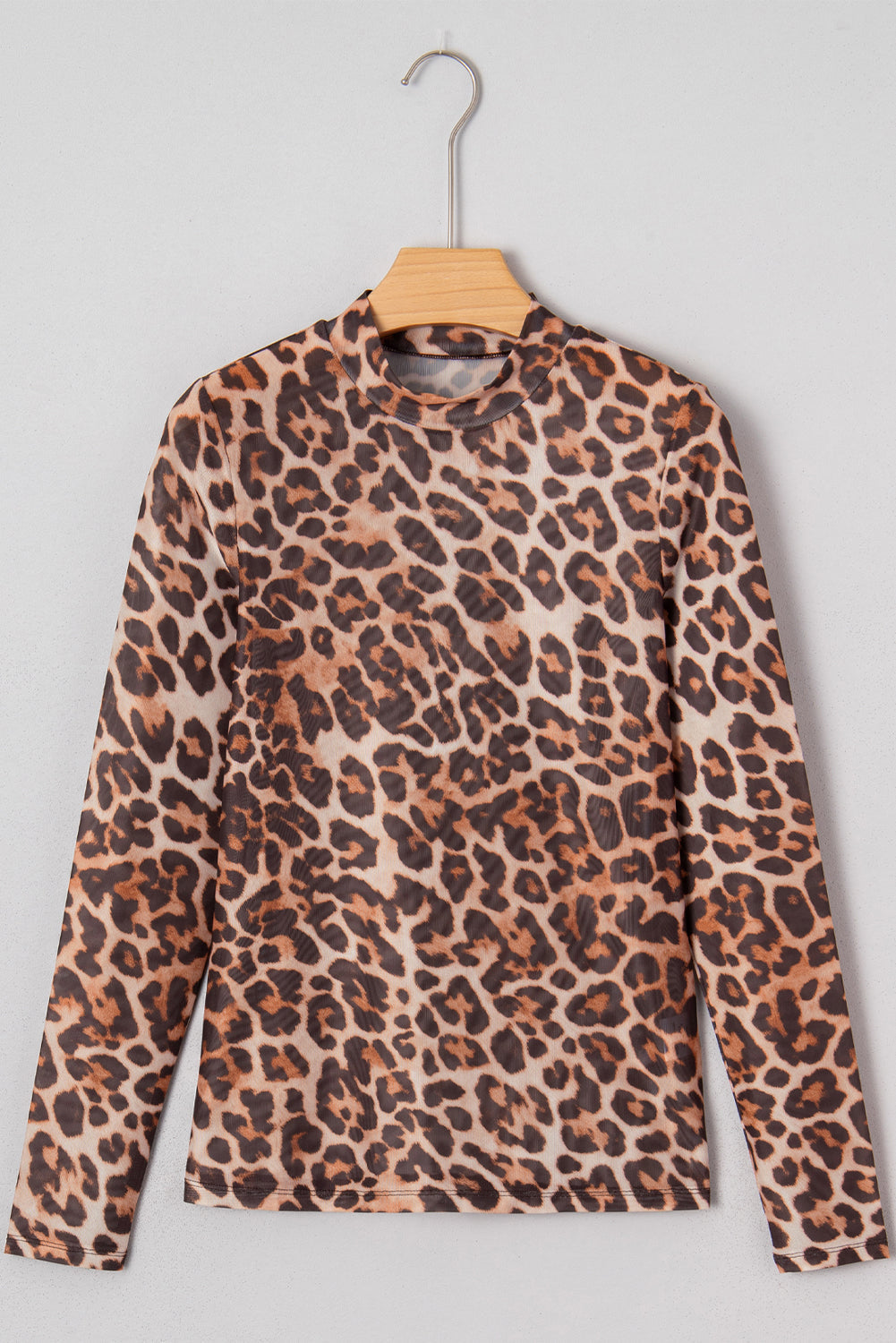 Leopard Mesh Mock Neck Long Sleeve Top