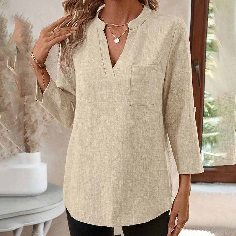 Womens Casual Notch V-Neck Tunic Blouse with Roll-Up Sleeves - Image 3