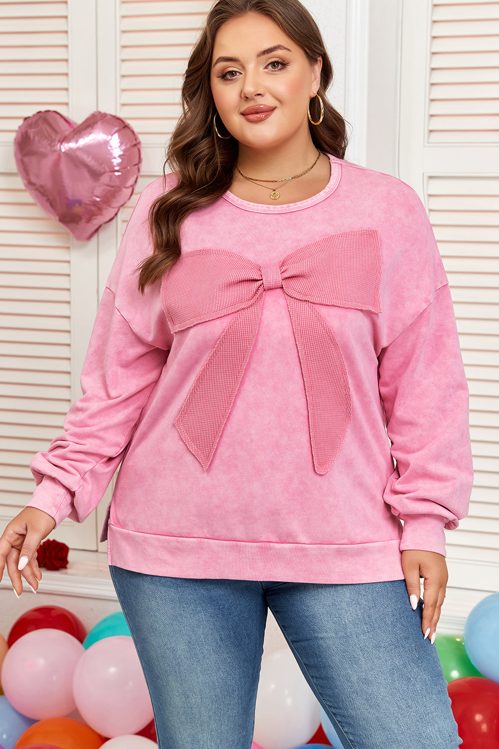Plus Size Waffle Bowknot Patchwork Mineral Wash Sweatshirt