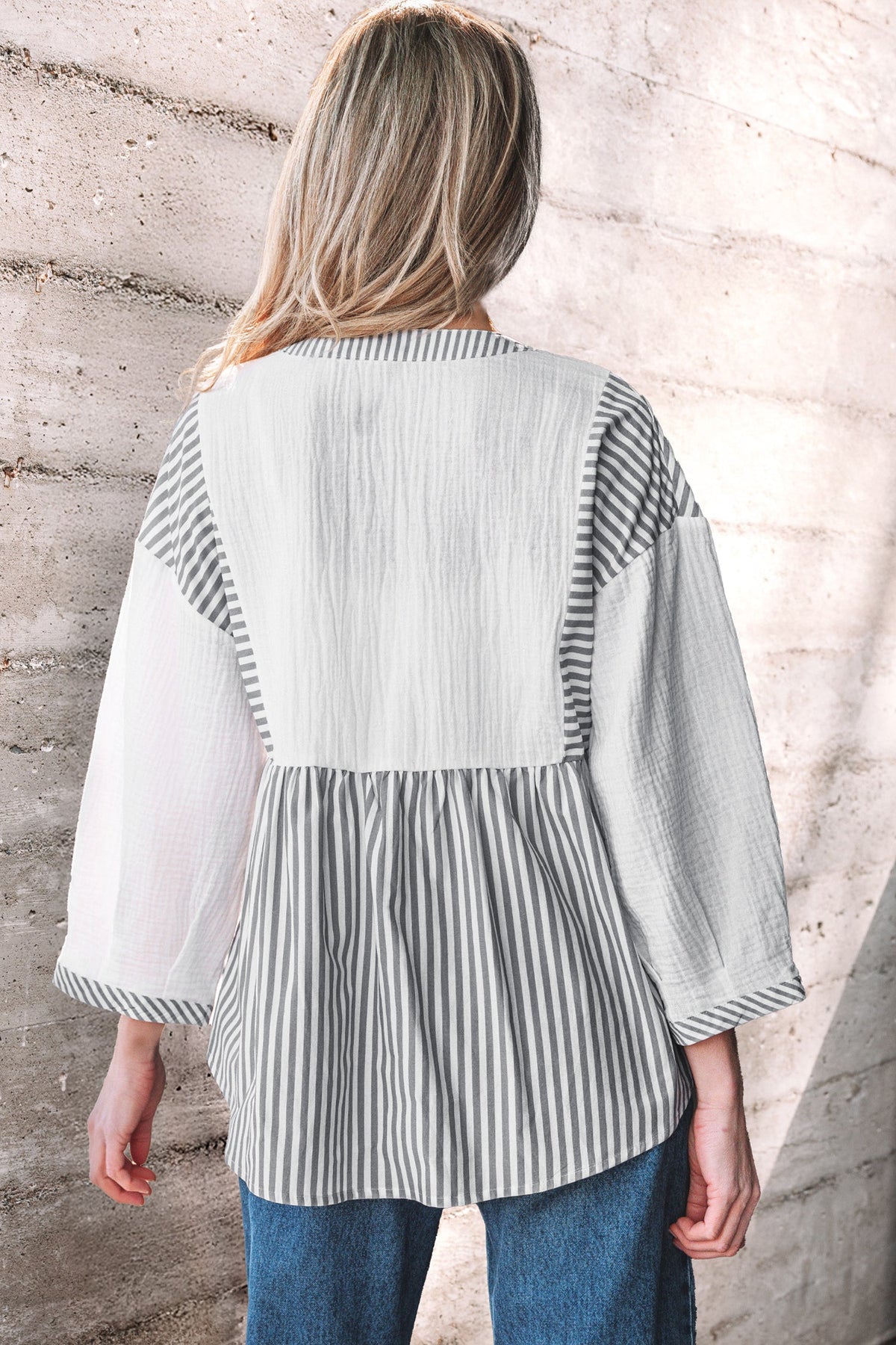 Stripe Gauze Patchwork Half Buttoned Babydoll Blouse