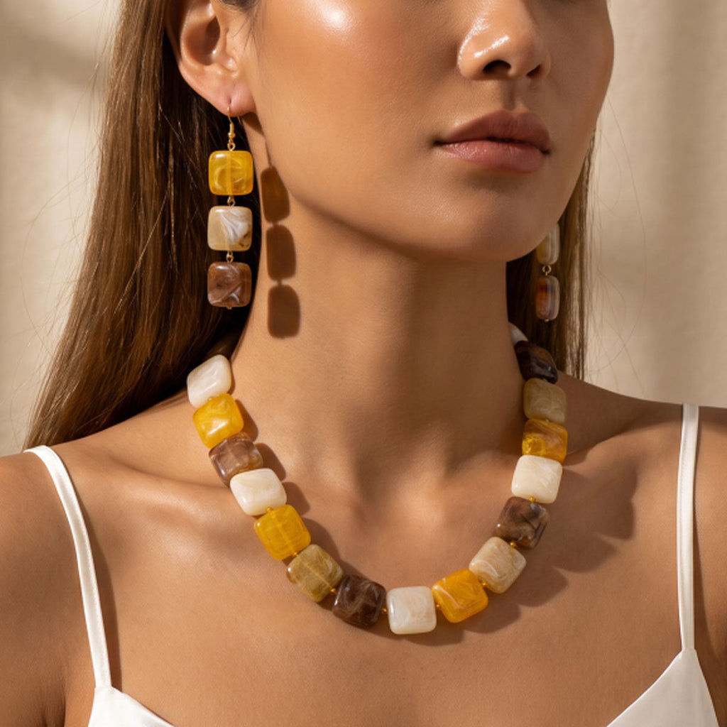 Women Retro Marbled Square Acrylic 2Pcs Jewelry Set, Caramel Amber Tone Beaded Choker Necklace Long Drop Earrings Gold Plated Spacers Fall Daily Gift