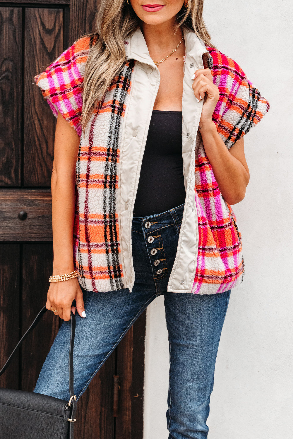 Plaid Sherpa Buttoned Jacket Vest