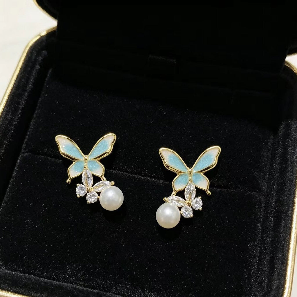 Dripping-oil Pearl Butterfly Elegant High-end Silver Needle Earrings