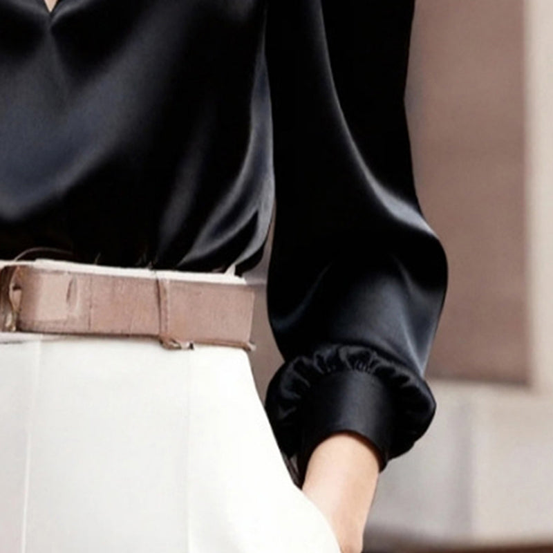 Women's Satin V-Neck Long Sleeve Blouse Elegant Slim Fit Top - Image 4